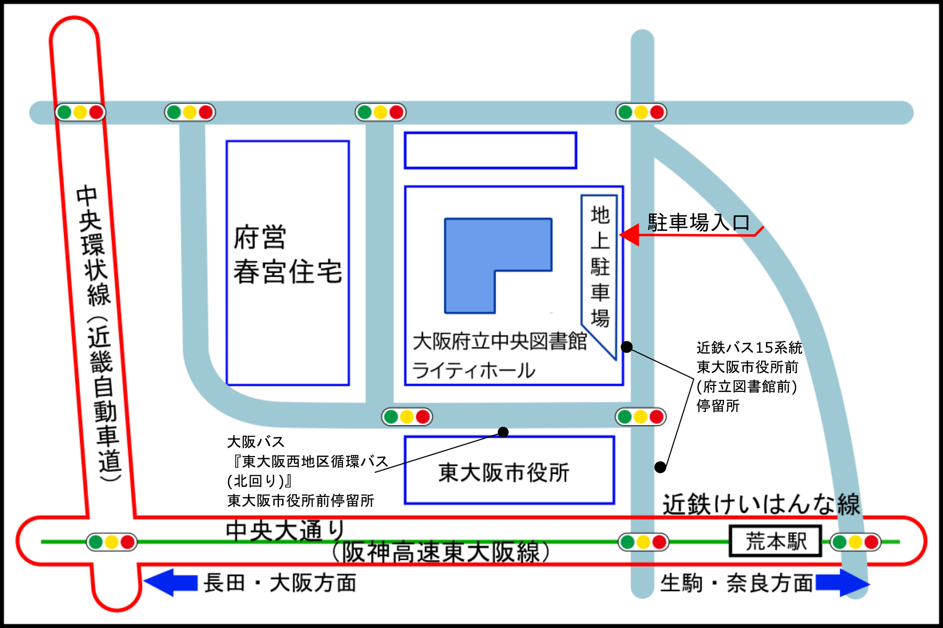 大阪府立中央図書館　ライティホールへの地図